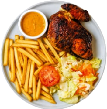 ¼ de pollo a la brasa, papas francesas, ensalada y salsa, según menú de Deli Chicken